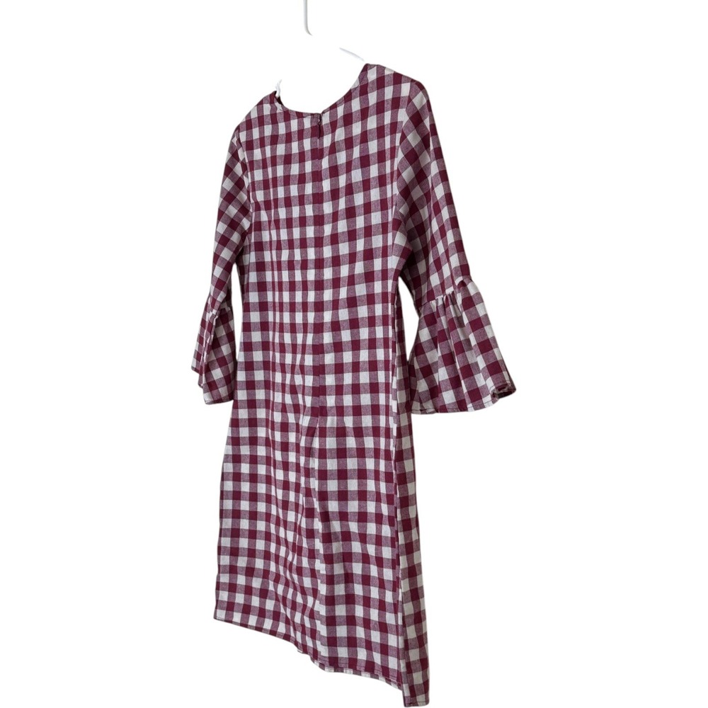 Ces Femme Shift Dress Womens Medium Burgundy Gingham Plaid Bell Sleeve Ruffle - Picture 3 of 9